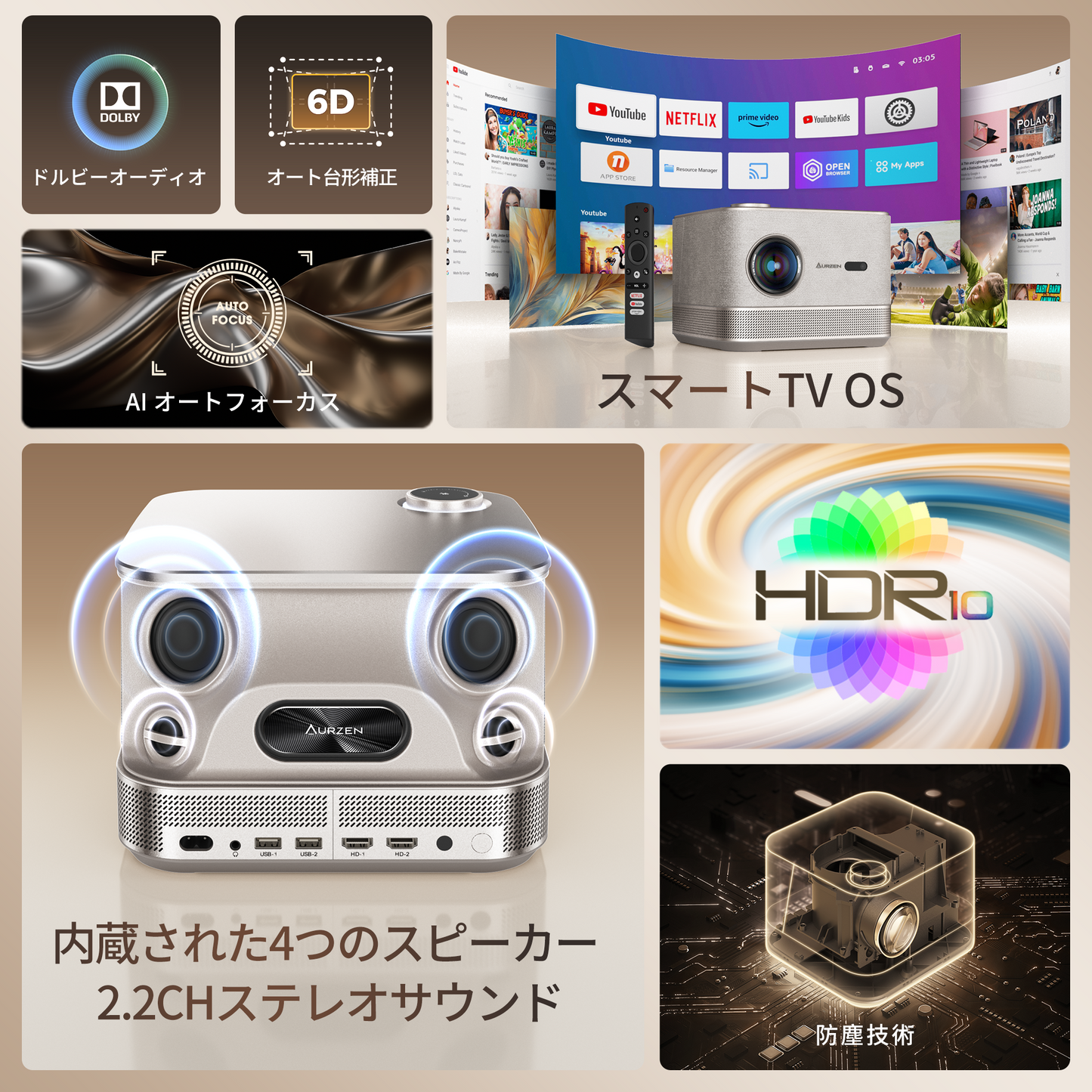aurzen boom3プロジェクター 250"大画面ホームプロジェクター